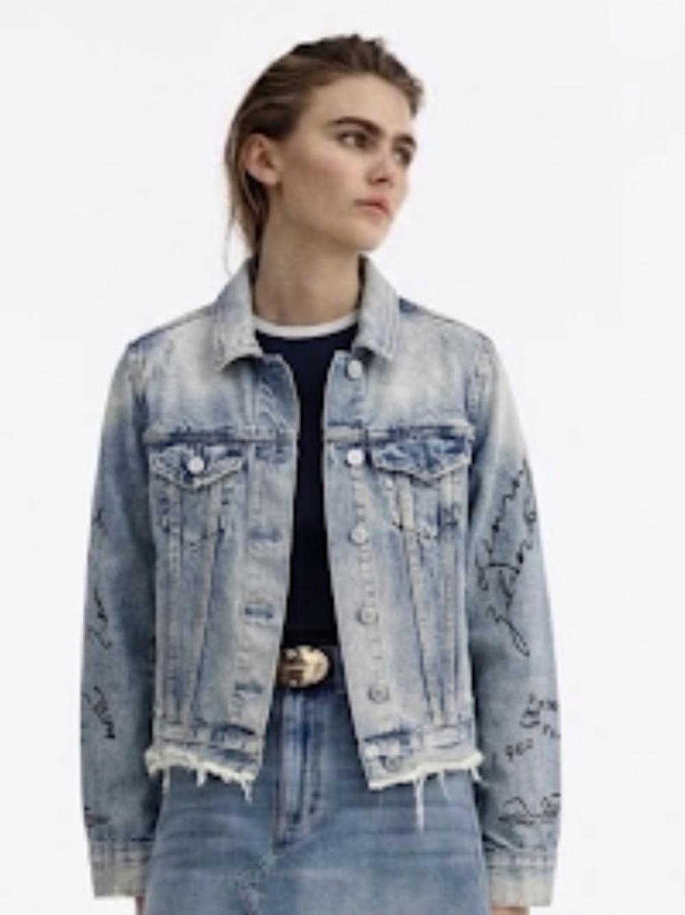 AllSaints Graff Hay Distressed Graffiti Denim Jacket Cropped Blue Light Wash XS